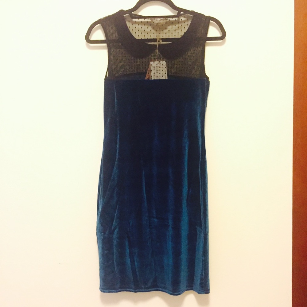 Blue Velvet Dress With Peter Pan Collar - Picture 2 of 8